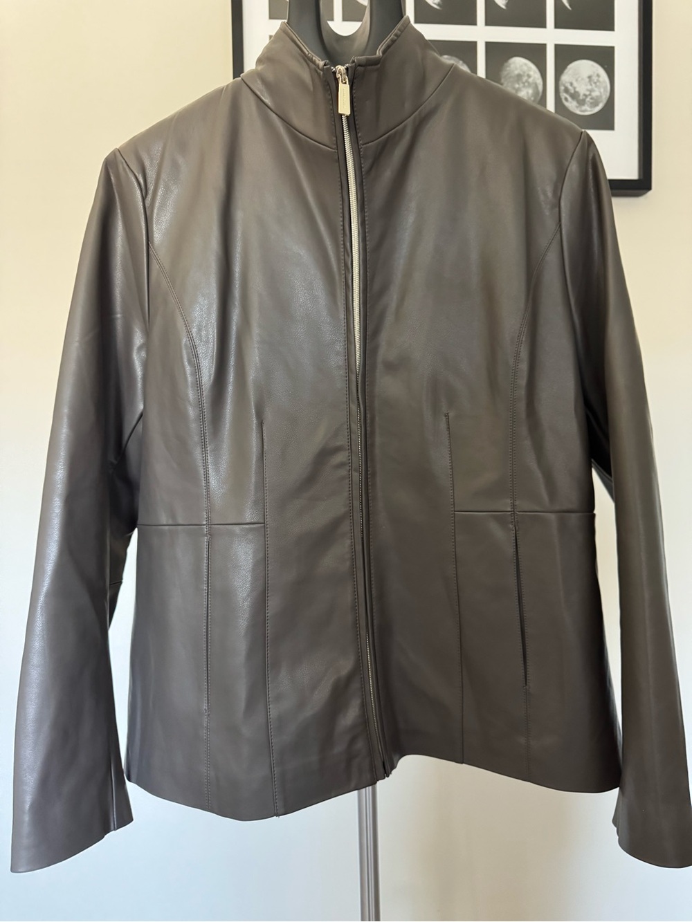 Women's Taupe Brown Faux Leather Zip-Front Jacket XL